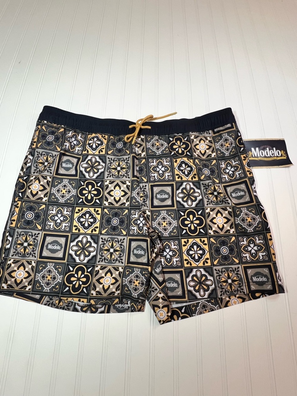 Men’s Lined Swim Trunks 2XL Modelo Black, Gold & Gray Tile-Pattern NWT